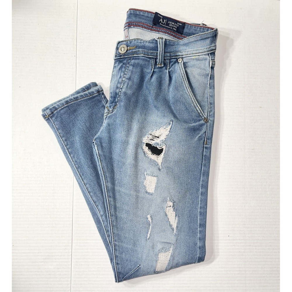 Armani Jeans Women's 32 Blue Distressed‎ Pleated Stretch Quiet Luxury Mob Wife